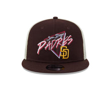 Load image into Gallery viewer, San Diego Padres New Era MLB 9FIFTY 950 Snapback Trucker/Mesh Cap Hat Brown Crown/Visor Pink/Blue/Yellow Script/Text Logo 
