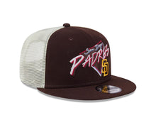 Load image into Gallery viewer, San Diego Padres New Era MLB 9FIFTY 950 Snapback Trucker/Mesh Cap Hat Brown Crown/Visor Pink/Blue/Yellow Script/Text Logo 
