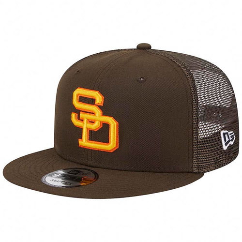 (Youth) San Diego Padres New Era MLB 9FIFTY 950 Kid Snapback Trucker Mesh Cap Hat Brown Crown/Visor Yellow/Orange Cooperstown Logo