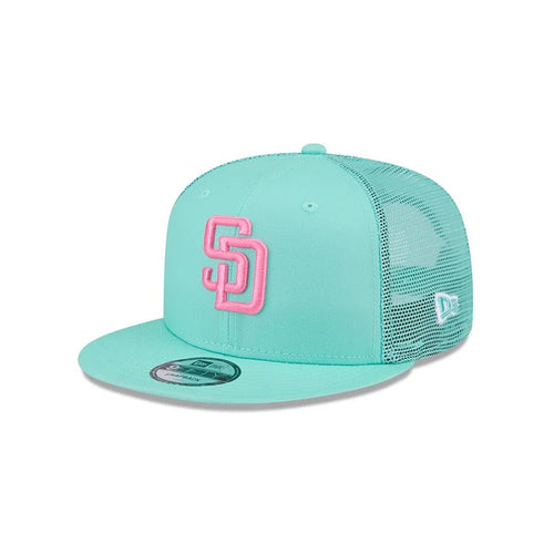 (City Connect) Youth San Diego Padres New Era MLB 9FIFTY 950 Kid Snapback Trucker/Mesh Cap Hat Teal Crown/Visor Magenta Logo