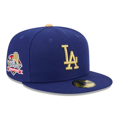 Los Angeles Dodgers New Era MLB 59FIFTY 5950 Fitted Cap Hat Royal Blue Crown/Visor Metallic Gold Logo 2024 World Series Champions Side Patch