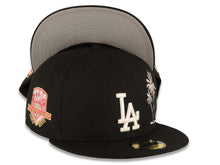 Load image into Gallery viewer, Los Angeles Dodgers New Era MLB 59FIFTY 5950 Fitted Cap Hat Black Crown/Visor White Logo With Pink Palm 50th Anniversary Side Patch Gray UV
