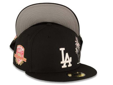 Los Angeles Dodgers New Era MLB 59FIFTY 5950 Fitted Cap Hat Black Crown/Visor White Logo With Pink Palm 50th Anniversary Side Patch Gray UV