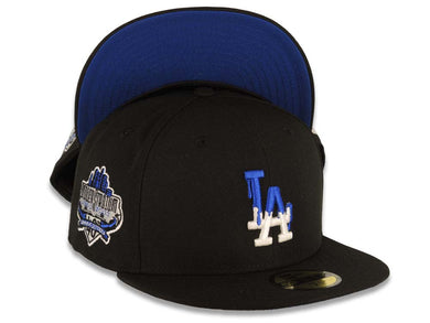Los Angeles Dodgers New Era MLB 59FIFTY 5950 Fitted Cap Hat Black Crown/Visor White/Royal Blue Drip Logo 40th Anniversary Stadium Side Patch