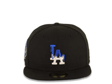 Load image into Gallery viewer, Los Angeles Dodgers New Era MLB 59FIFTY 5950 Fitted Cap Hat Black Crown/Visor White/Royal Blue Drip Logo 40th Anniversary Stadium Side Patch
