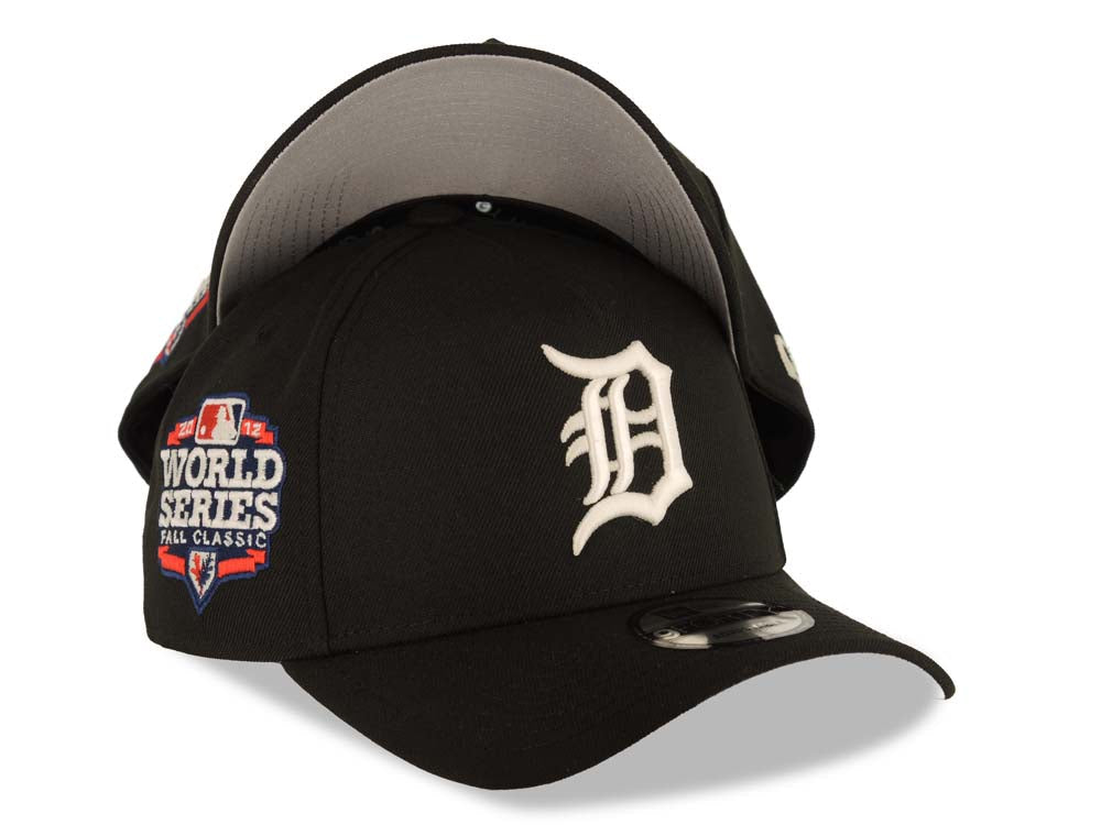 Detroit Tigers New Era 9FORTY 940 Adjustable A-Frame Cap Hat Black Crown/Visor White Logo 2012 World Series Side Patch Gray UV