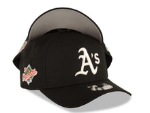 Load image into Gallery viewer, Oakland A&#39;s Athletics New Era MLB 9FORTY 940 Adjustable A-Frame Cap Hat Black Crown/Visor White Logo 1989 World Series Side Patch Gray UV
