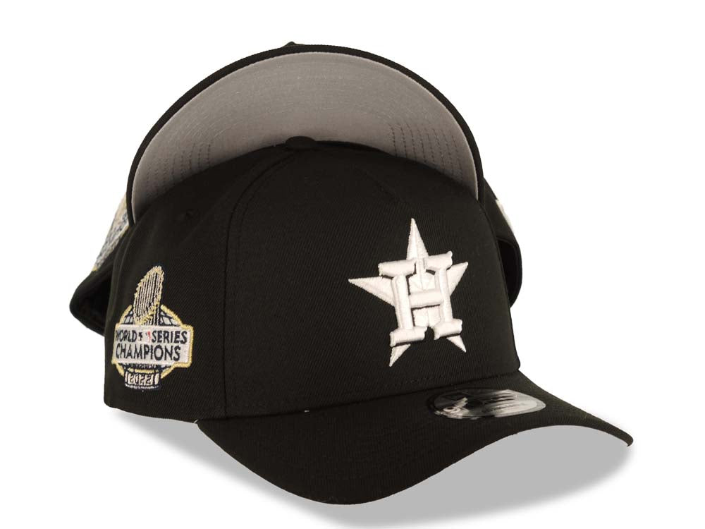 Houston Astros New Era MLB 9FORTY 940 Adjustable A-Frame Cap Hat Black Crown/Visor White Logo 2022 World Series Champions Side Patch Gray UV
