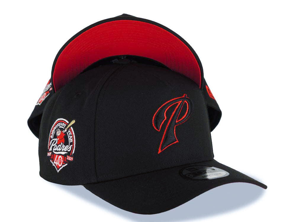 San Diego Padres New Era MLB 9FORTY 940 Adjustable A-Frame Cap Hat Black Crown/Visor Black/Red P Logo 40th Anniversary Side Patch Red UV