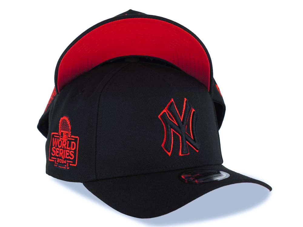 New York Yankees New Era MLB 9FORTY 940 Adjustable A-Frame Cap Hat Black Crown/Visor Black/Red Logo 2024 World Series Side Patch Red UV