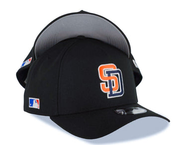 San Diego Padres New Era MLB 9FORTY 940 Adjustable A-Frame Cap Hat Black Crown/Visor Orange/Navy Flat Stitch Logo Batterman Batty Side Patch