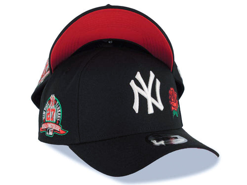 New York Yankees New Era MLB 9FORTY 940 Adjustable A-Frame Cap Hat Black Crown/Visor White Logo With Rose 27 World Championship Side Patch Red UV