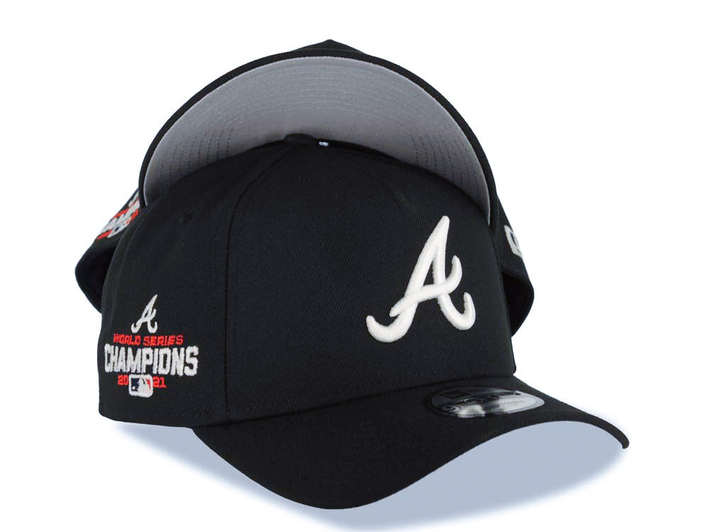 Atlanta Braves New Era MLB 9FORTY 940 Adjustable A-Frame Cap Hat Black Crown/Visor White Logo 2021 World Series Champions Side Patch