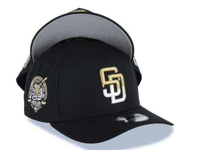 San Diego Padres New Era MLB 9FORTY 940 Adjustable A-Frame Cap Hat Black Crown/Visor White/Metallic Gold Drip Logo 40th Anniversary Side Patch