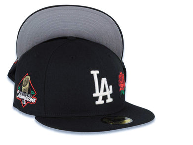 Los Angeles Dodgers New Era MLB 59FIFTY 5950 Fitted Cap Hat Black Crown/Visor White Logo With Rose 2024 World Series Side Patch