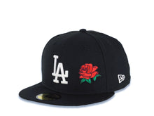 Load image into Gallery viewer, Los Angeles Dodgers New Era MLB 59FIFTY 5950 Fitted Cap Hat Black Crown/Visor White Logo With Rose 2024 World Series Side Patch
