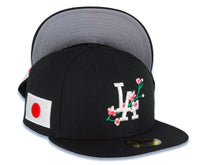 Load image into Gallery viewer, Los Angeles Dodgers New Era MLB 59FIFTY 5950 Fitted Cap Hat Black Crown/Visor White Logo With Flower Bloom Across Japan Flag Side Patch Gray UV
