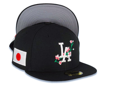 Los Angeles Dodgers New Era MLB 59FIFTY 5950 Fitted Cap Hat Black Crown/Visor White Logo With Flower Bloom Across Japan Flag Side Patch Gray UV