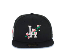 Load image into Gallery viewer, Los Angeles Dodgers New Era MLB 59FIFTY 5950 Fitted Cap Hat Black Crown/Visor White Logo With Flower Bloom Across Japan Flag Side Patch Gray UV
