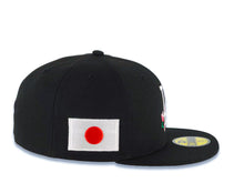 Load image into Gallery viewer, Los Angeles Dodgers New Era MLB 59FIFTY 5950 Fitted Cap Hat Black Crown/Visor White Logo With Flower Bloom Across Japan Flag Side Patch Gray UV
