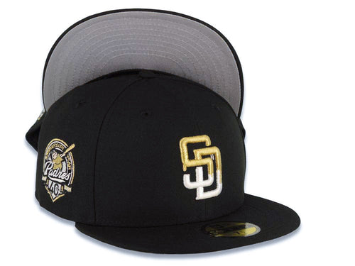 San Diego Padres New Era MLB 59FIFTY 5950 Fitted Cap Hat Black Crown/Visor White/Metallic Gold Drip Logo 40th Anniversary Side Patch Gray UV