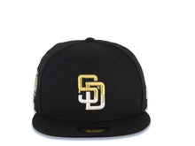 Load image into Gallery viewer, San Diego Padres New Era MLB 59FIFTY 5950 Fitted Cap Hat Black Crown/Visor White/Metallic Gold Drip Logo 40th Anniversary Side Patch Gray UV
