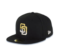 Load image into Gallery viewer, San Diego Padres New Era MLB 59FIFTY 5950 Fitted Cap Hat Black Crown/Visor White/Metallic Gold Drip Logo 40th Anniversary Side Patch Gray UV
