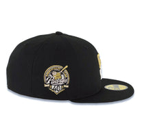 Load image into Gallery viewer, San Diego Padres New Era MLB 59FIFTY 5950 Fitted Cap Hat Black Crown/Visor White/Metallic Gold Drip Logo 40th Anniversary Side Patch Gray UV
