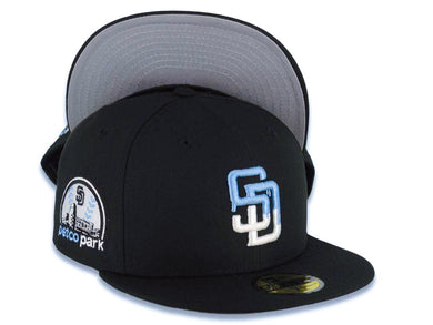 San Diego Padres New Era MLB 59FIFTY 5950 Fitted Cap Hat Black Crown/Visor White/Sky Blue Drip Paint Logo 10th Anniversary Petcopark Side Patch Gray UV