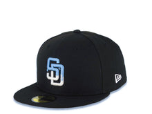 Load image into Gallery viewer, San Diego Padres New Era MLB 59FIFTY 5950 Fitted Cap Hat Black Crown/Visor White/Sky Blue Drip Paint Logo 10th Anniversary Petcopark Side Patch Gray UV
