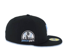 Load image into Gallery viewer, San Diego Padres New Era MLB 59FIFTY 5950 Fitted Cap Hat Black Crown/Visor White/Sky Blue Drip Paint Logo 10th Anniversary Petcopark Side Patch Gray UV
