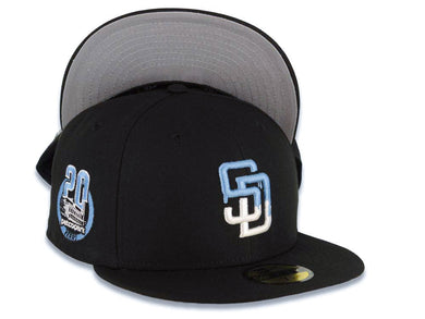 San Diego Padres New Era MLB 59FIFTY 5950 Fitted Cap Hat Black Crown/Visor White/Sky Blue Logo 20th Anniversary Petcopark Side Patch Gray UV