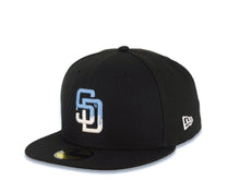 Load image into Gallery viewer, San Diego Padres New Era MLB 59FIFTY 5950 Fitted Cap Hat Black Crown/Visor White/Sky Blue Logo 20th Anniversary Petcopark Side Patch Gray UV
