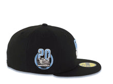 Load image into Gallery viewer, San Diego Padres New Era MLB 59FIFTY 5950 Fitted Cap Hat Black Crown/Visor White/Sky Blue Logo 20th Anniversary Petcopark Side Patch Gray UV

