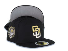 Load image into Gallery viewer, (Youth) San Diego Padres New Era MLB 59FIFTY 5950 Kid Fitted Cap Hat Black Crown/Visor White/Metallic Gold Drip Paint Logo 40th Anniversary Side Patch
