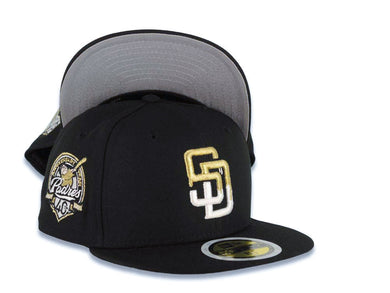 (Youth) San Diego Padres New Era MLB 59FIFTY 5950 Kid Fitted Cap Hat Black Crown/Visor White/Metallic Gold Drip Paint Logo 40th Anniversary Side Patch