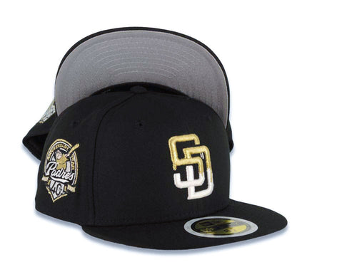 (Youth) San Diego Padres New Era MLB 59FIFTY 5950 Kid Fitted Cap Hat Black Crown/Visor White/Metallic Gold Drip Paint Logo 40th Anniversary Side Patch