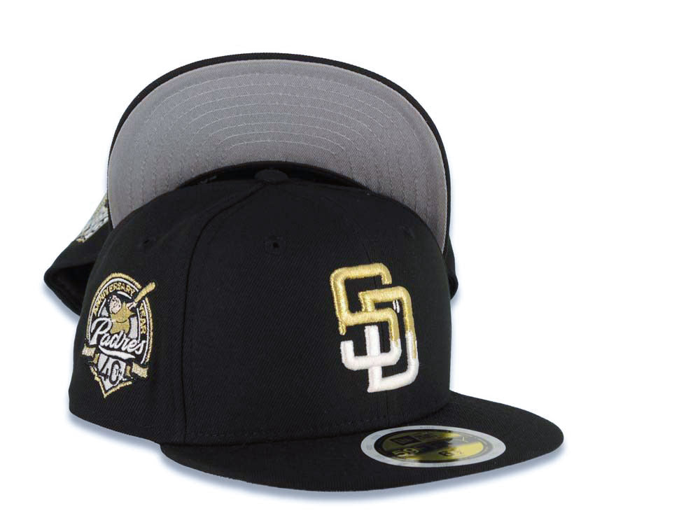 (Youth) San Diego Padres New Era MLB 59FIFTY 5950 Kid Fitted Cap Hat Black Crown/Visor White/Metallic Gold Drip Paint Logo 40th Anniversary Side Patch