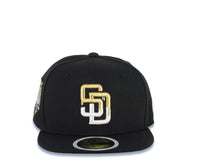 Load image into Gallery viewer, (Youth) San Diego Padres New Era MLB 59FIFTY 5950 Kid Fitted Cap Hat Black Crown/Visor White/Metallic Gold Drip Paint Logo 40th Anniversary Side Patch
