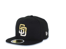 Load image into Gallery viewer, (Youth) San Diego Padres New Era MLB 59FIFTY 5950 Kid Fitted Cap Hat Black Crown/Visor White/Metallic Gold Drip Paint Logo 40th Anniversary Side Patch
