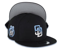 Load image into Gallery viewer, San Diego Padres New Era MLB 9FIFTY 950 Snapback Cap Hat Black Crown/Visor White/Sky Blue Drip Paint Logo 20th Anniversary Petcopark Side Patch

