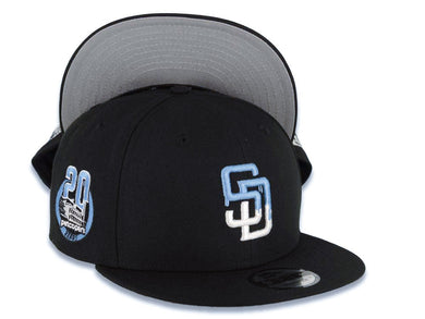 San Diego Padres New Era MLB 9FIFTY 950 Snapback Cap Hat Black Crown/Visor White/Sky Blue Drip Paint Logo 20th Anniversary Petcopark Side Patch