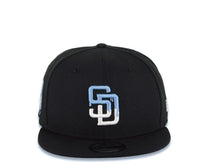 Load image into Gallery viewer, San Diego Padres New Era MLB 9FIFTY 950 Snapback Cap Hat Black Crown/Visor White/Sky Blue Drip Paint Logo 20th Anniversary Petcopark Side Patch
