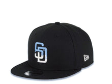 Load image into Gallery viewer, San Diego Padres New Era MLB 9FIFTY 950 Snapback Cap Hat Black Crown/Visor White/Sky Blue Drip Paint Logo 20th Anniversary Petcopark Side Patch
