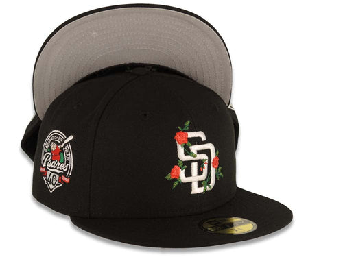 San Diego Padres New Era MLB 59FIFTY 5950 Fitted Cap Hat Black Crown/Visor White Logo With Rose 40th Anniversary Side Patch Gray UV
