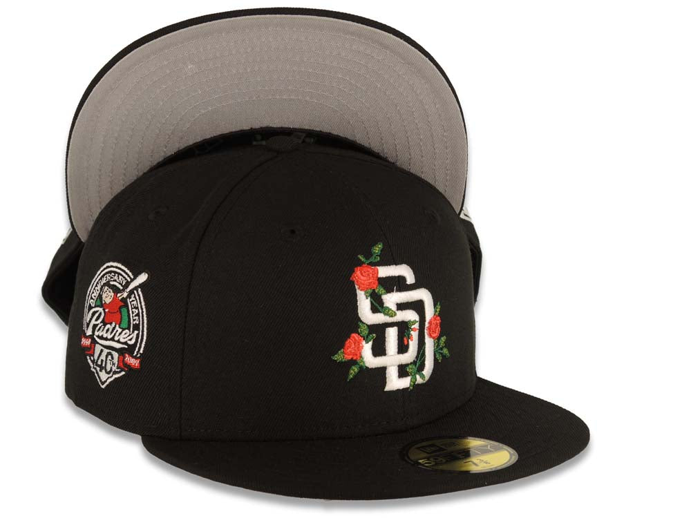 San Diego Padres New Era MLB 59FIFTY 5950 Fitted Cap Hat Black Crown/Visor White Logo With Rose 40th Anniversary Side Patch Gray UV