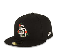 Load image into Gallery viewer, San Diego Padres New Era MLB 59FIFTY 5950 Fitted Cap Hat Black Crown/Visor White Logo With Rose 40th Anniversary Side Patch Gray UV
