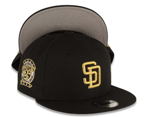 San Diego Padres New Era MLB 9FIFTY 950 Snapback Cap Hat Black Crown/Visor Metallic Gold Logo 25th Anniversary Side Patch Gray UV