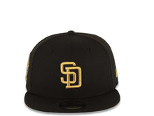 Load image into Gallery viewer, San Diego Padres New Era MLB 9FIFTY 950 Snapback Cap Hat Black Crown/Visor Metallic Gold Logo 25th Anniversary Side Patch Gray UV
