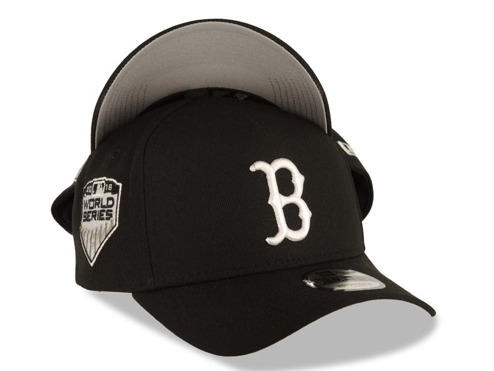Boston Red Sox New Era MLB 9FORTY 940 Adjustable A-Frame Cap Hat Black Crown/Visor White Logo 2018 World Series Side Patch Gray UV